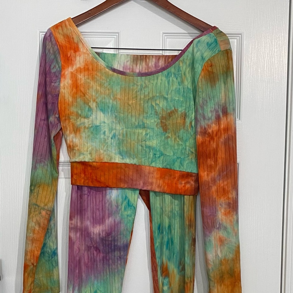 Ellie & Kate Crop Top & Leggings Sweatsuit Set Tie Dye Women’s Large Rainbow - Picture 10 of 13